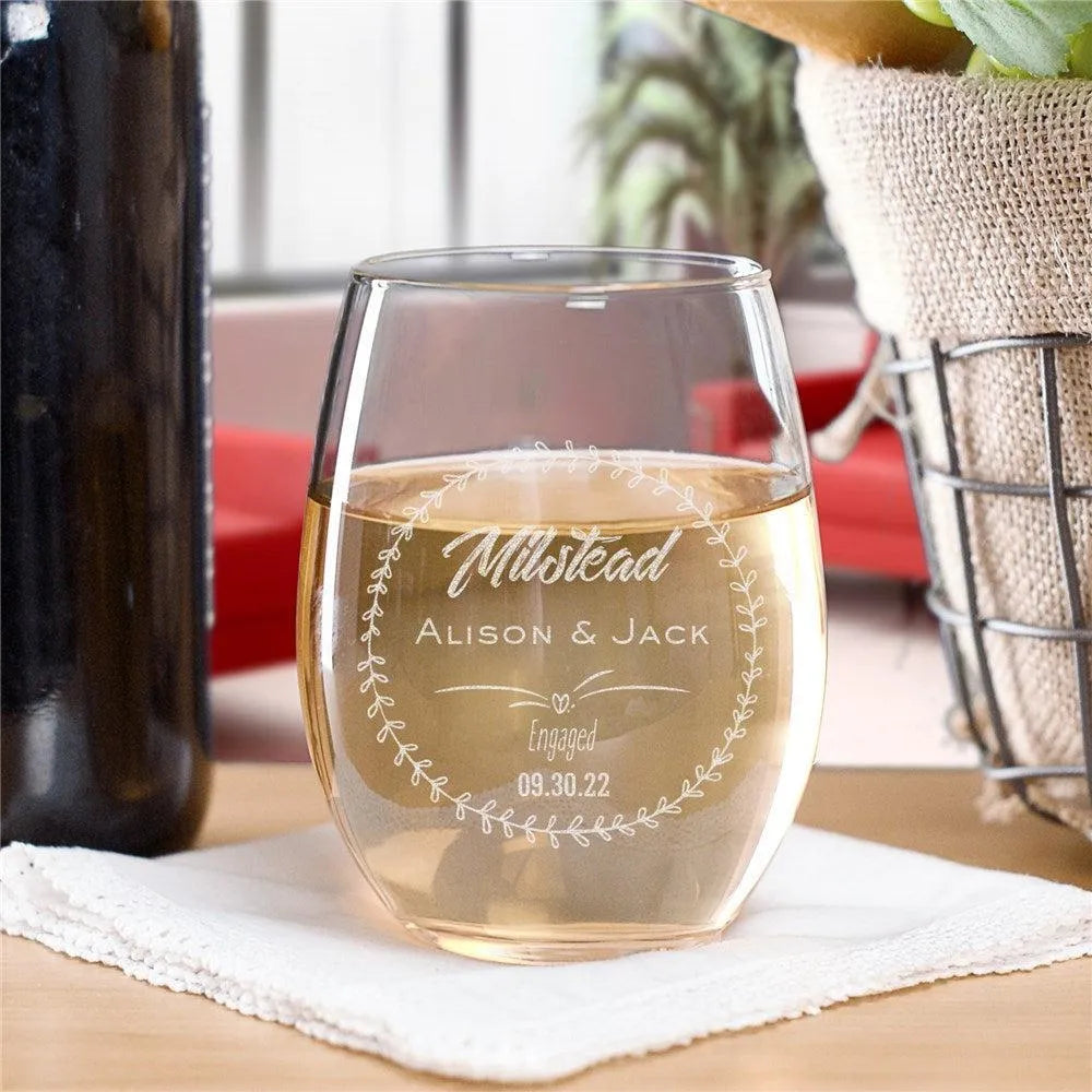 Engraved Engagement Stemless Wine Glass-Sunny Jar Personalized Gifts