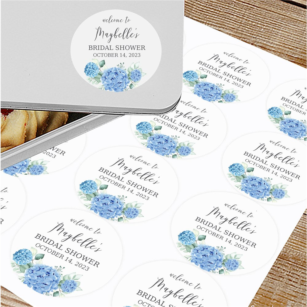 Personalized Blue Hydrangeas Bridal Shower Circle Labels