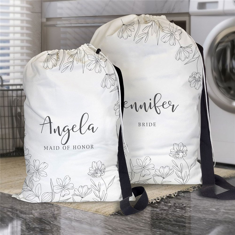 Personalized Gray Outlined Flowers Laundry Bag