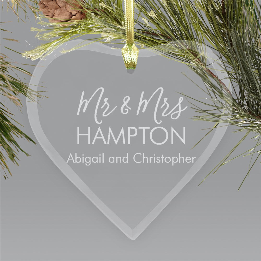 Engraved Mr. & Mrs. Last Name and Couples Name Heart Ornament