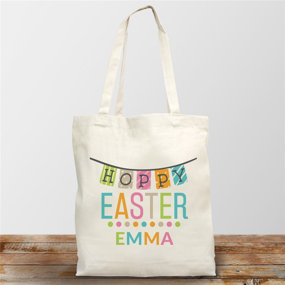 Personalized Hoppy Easter with Colorful Banner and Dots Tote Bag