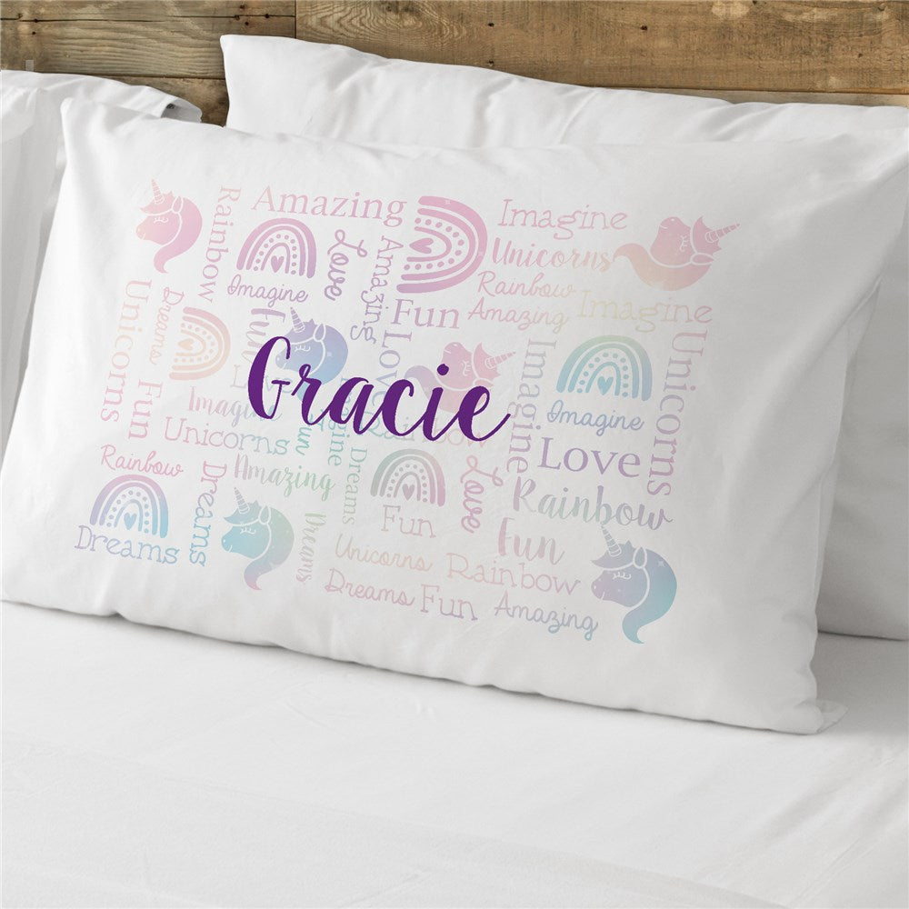 Personalized Watercolor Unicorn and Rainbow Pillowcase