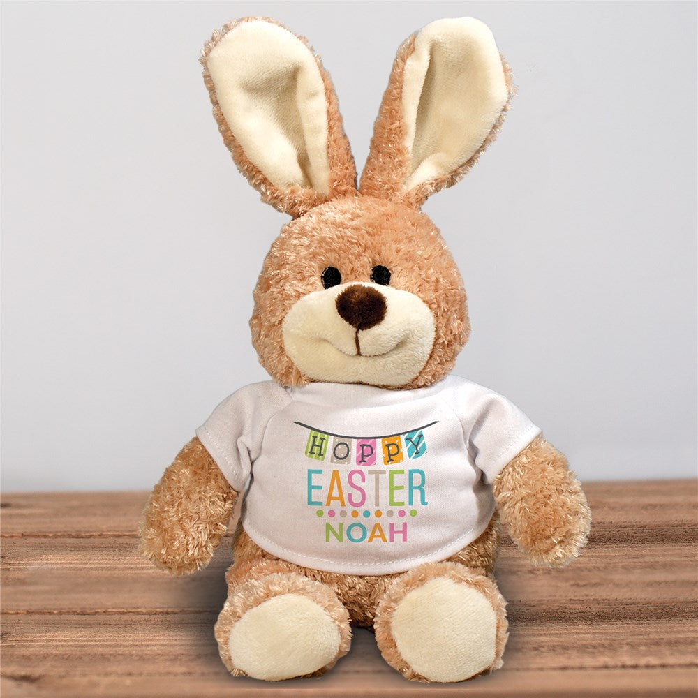 Personalized Hoppy Easter with Colorful Banner and Dots Brown Bunny