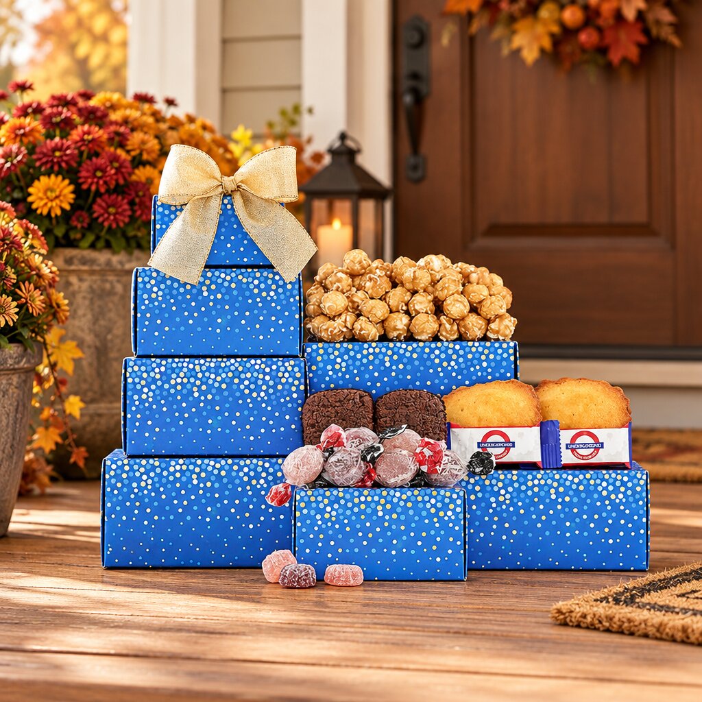 A holiday gift basket arrangement of blue gift boxes with white polka dots, filled with assorted treats including popcorn, cookies, chocolates, and candies, set on a wooden porch in front of a decorated door.