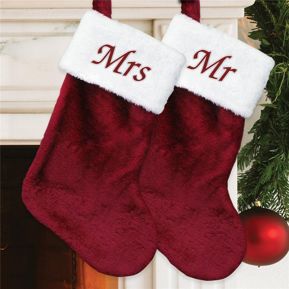 Embroidered Mr and Mrs Burgundy Plush Stocking Set of 2-Sunny Jar Personalized Gifts