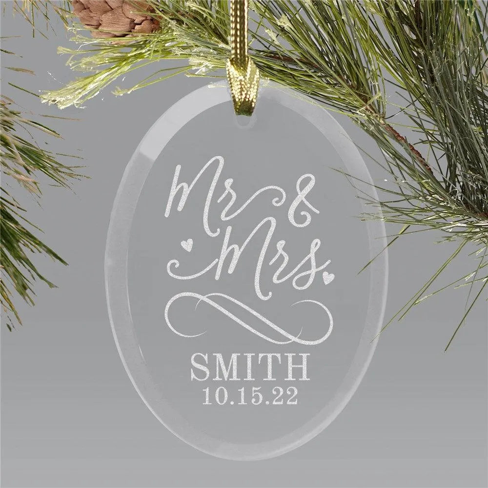 Engraved Mr. & Mrs. Oval Glass Ornament-Sunny Jar Personalized Gifts