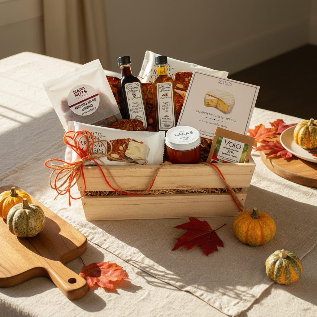 Gift basket with various items on a table with autumn decorations