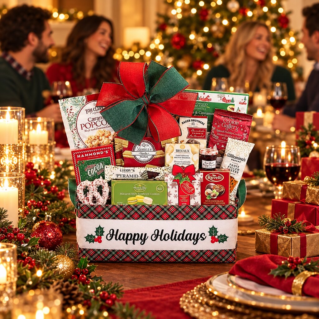 Holiday Indulgence Christmas sweets gift basket displayed on a Christmas table with people celebrating in the background