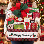 Holiday Indulgence Christmas sweets gift basket held in someone's hands