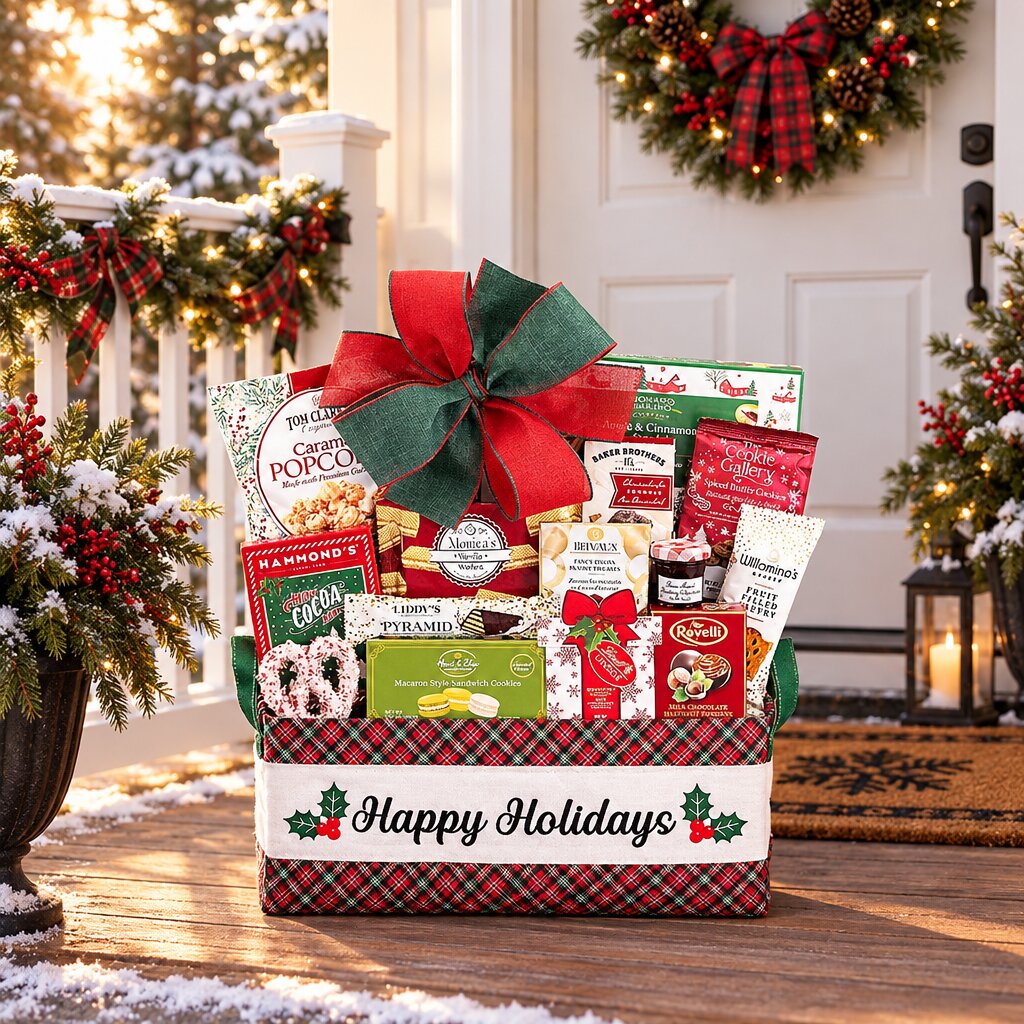 Holiday Indulgence Christmas sweets gift basket delivered on a front porch