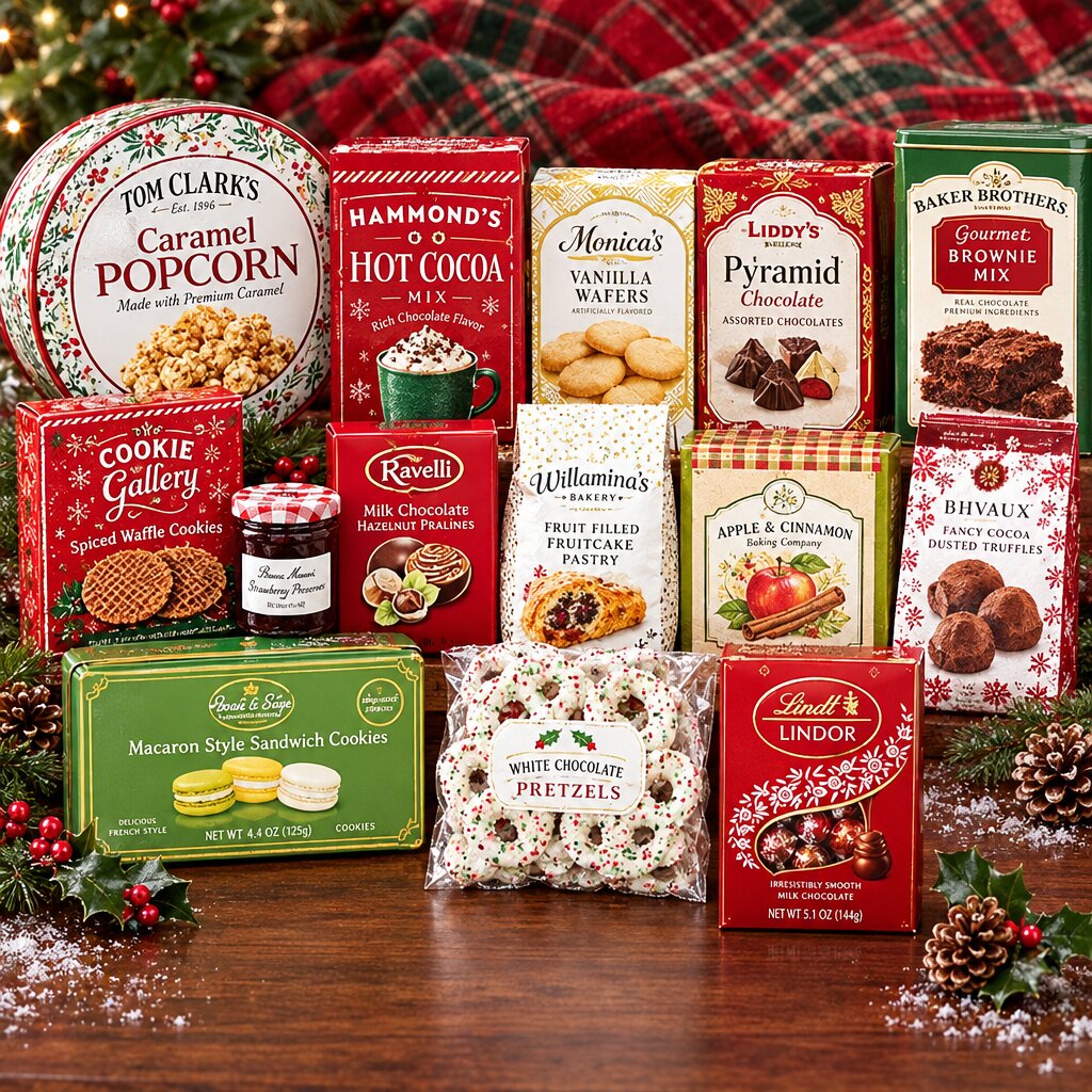 Holiday Indulgence Christmas sweets gift basket contents including chocolates, brownies, cookies, pastries and fudge
