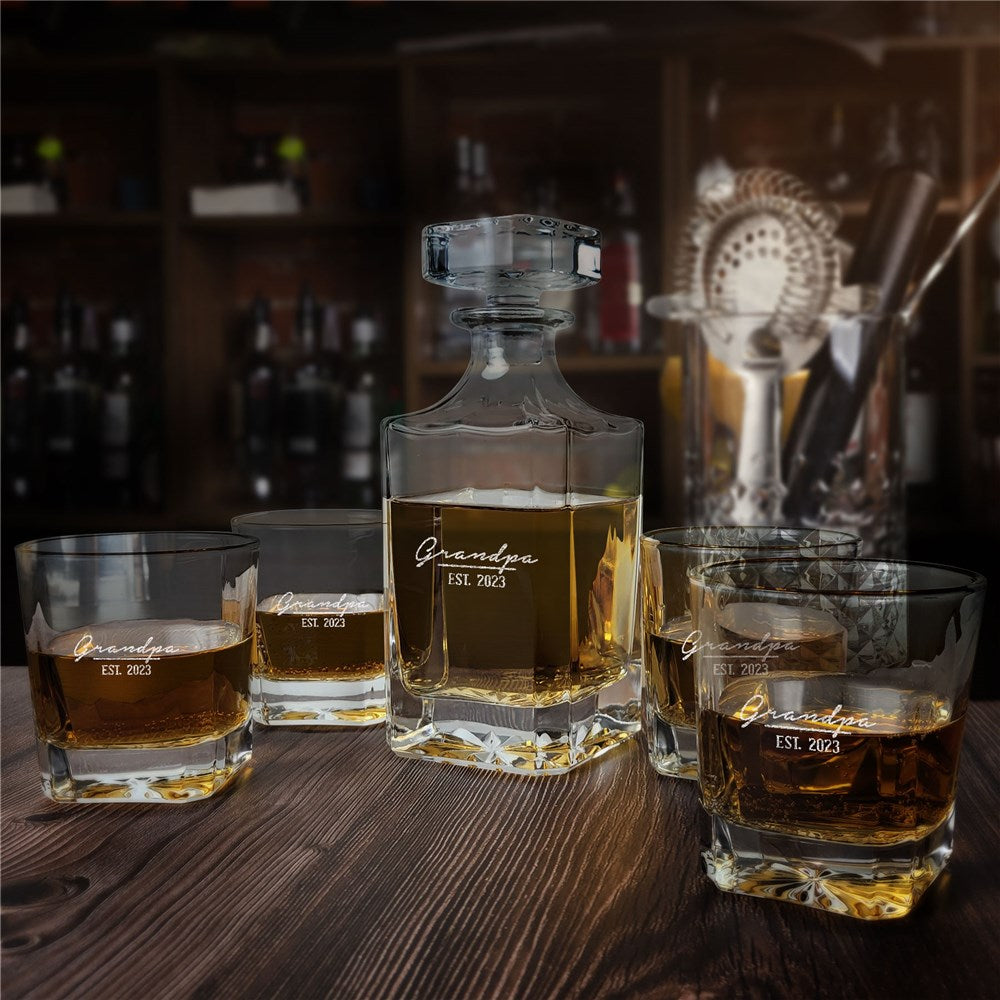 Engraved Established Square Glass Decanter Set