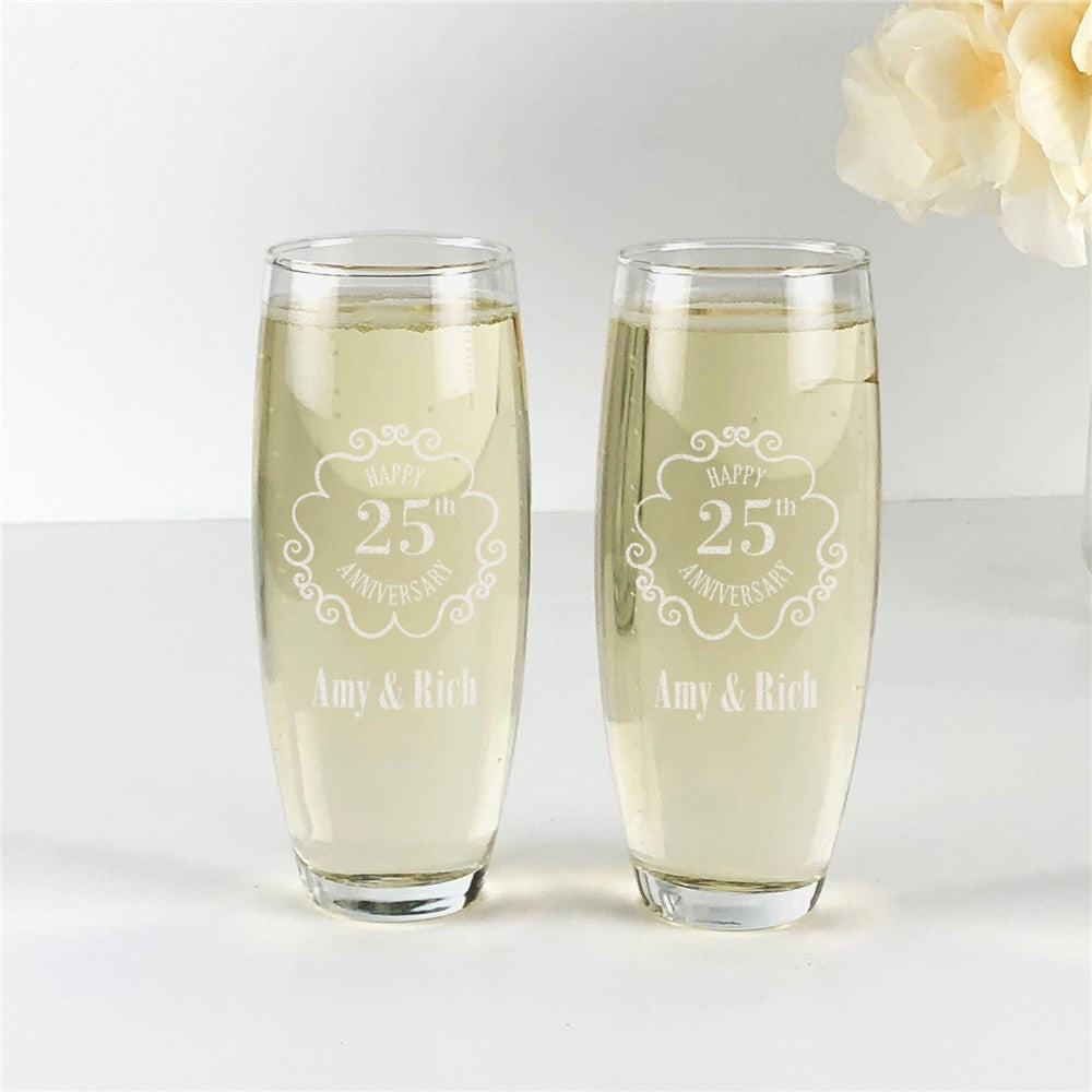 Engraved Vintage Frame Anniversary Stemless Flute Set