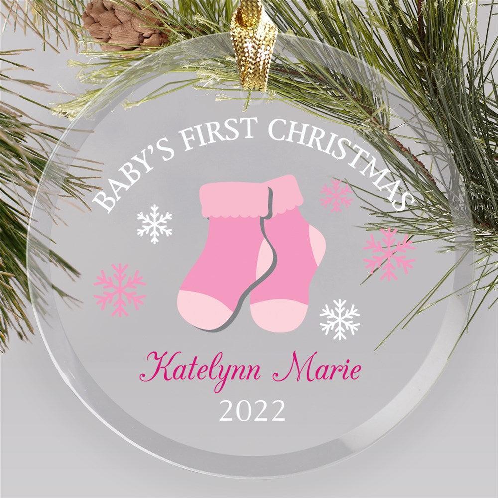 Personalized Baby's First Christmas Socks and Snowflakes Round Ornament-Sunny Jar Personalized Gifts