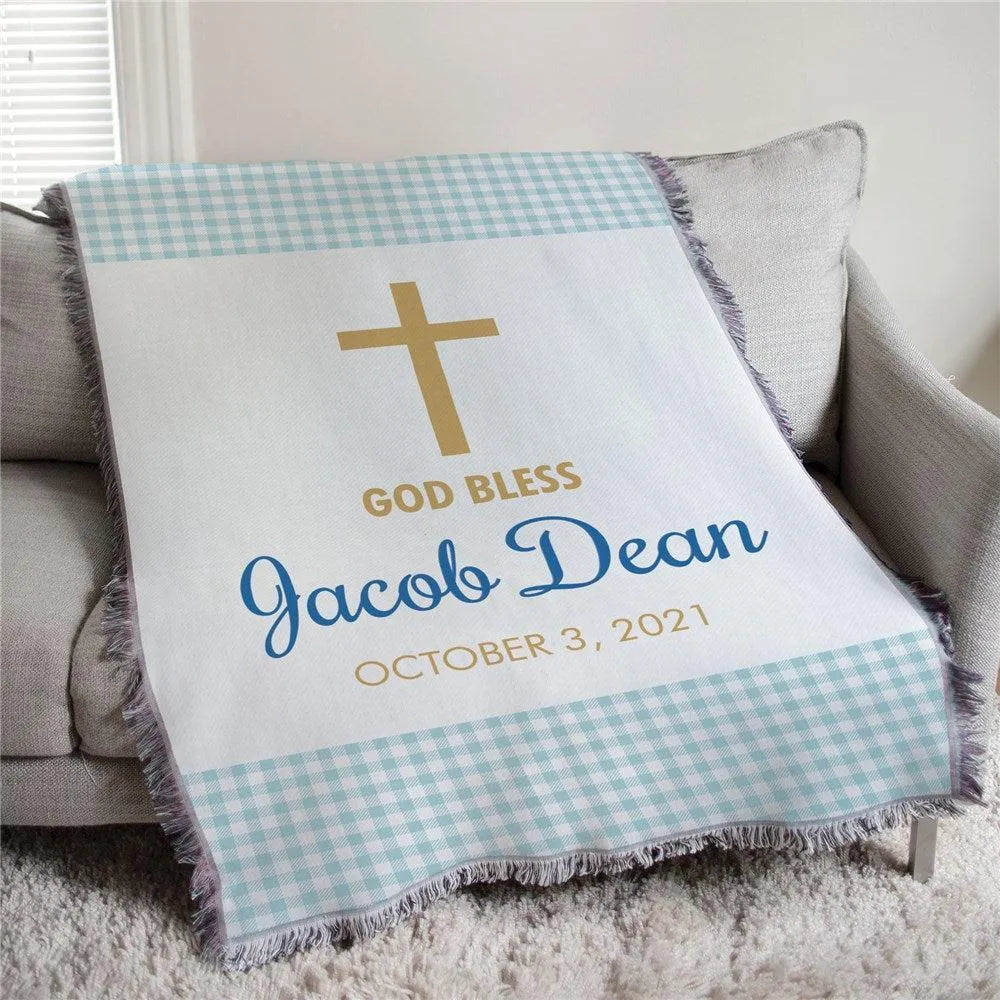 Personalized Baptism Gingham Afghan Throw-Personalized Gifts-Sunny Jar Personalized Gifts