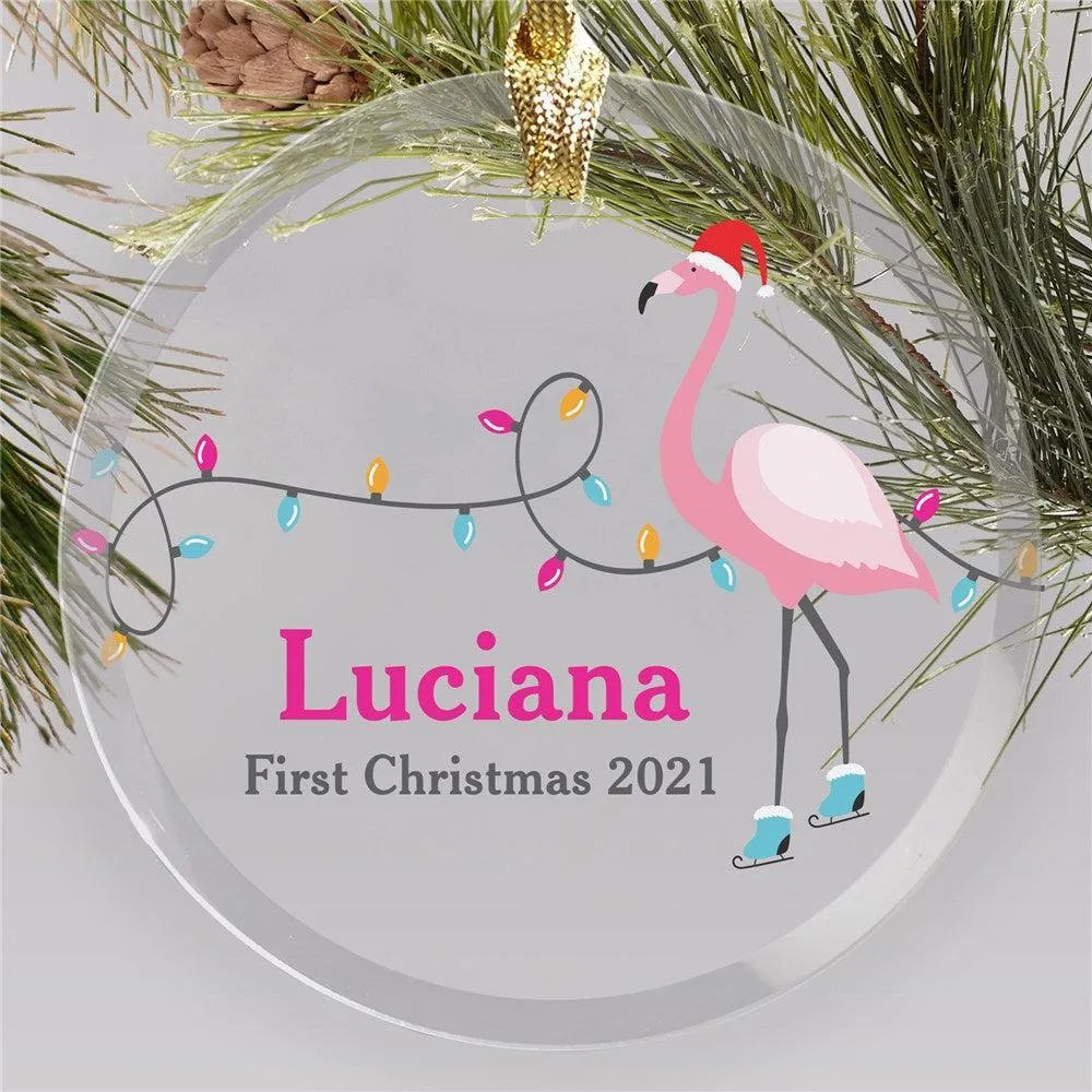 Personalized Christmas Flamingo Round Glass Ornament-Sunny Jar Personalized Gifts