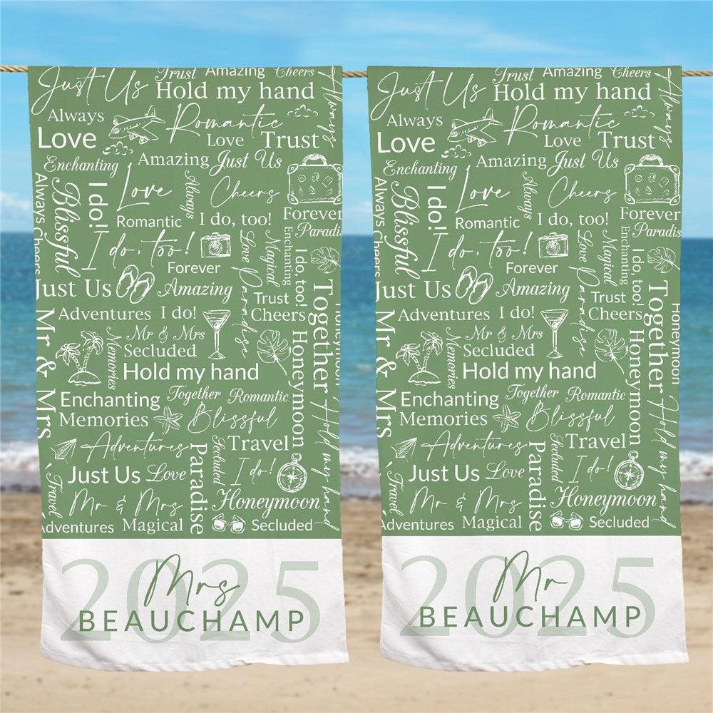 Personalized Mr Or Mrs Green Background Honeymoon static word art with Year Beach Towel-Sunny Jar Personalized Gifts