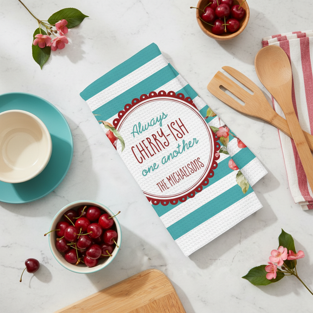 Kitchen towel titled 'Always Cherry-ish One Another' on a kitchen counter with cherries and utensils.
