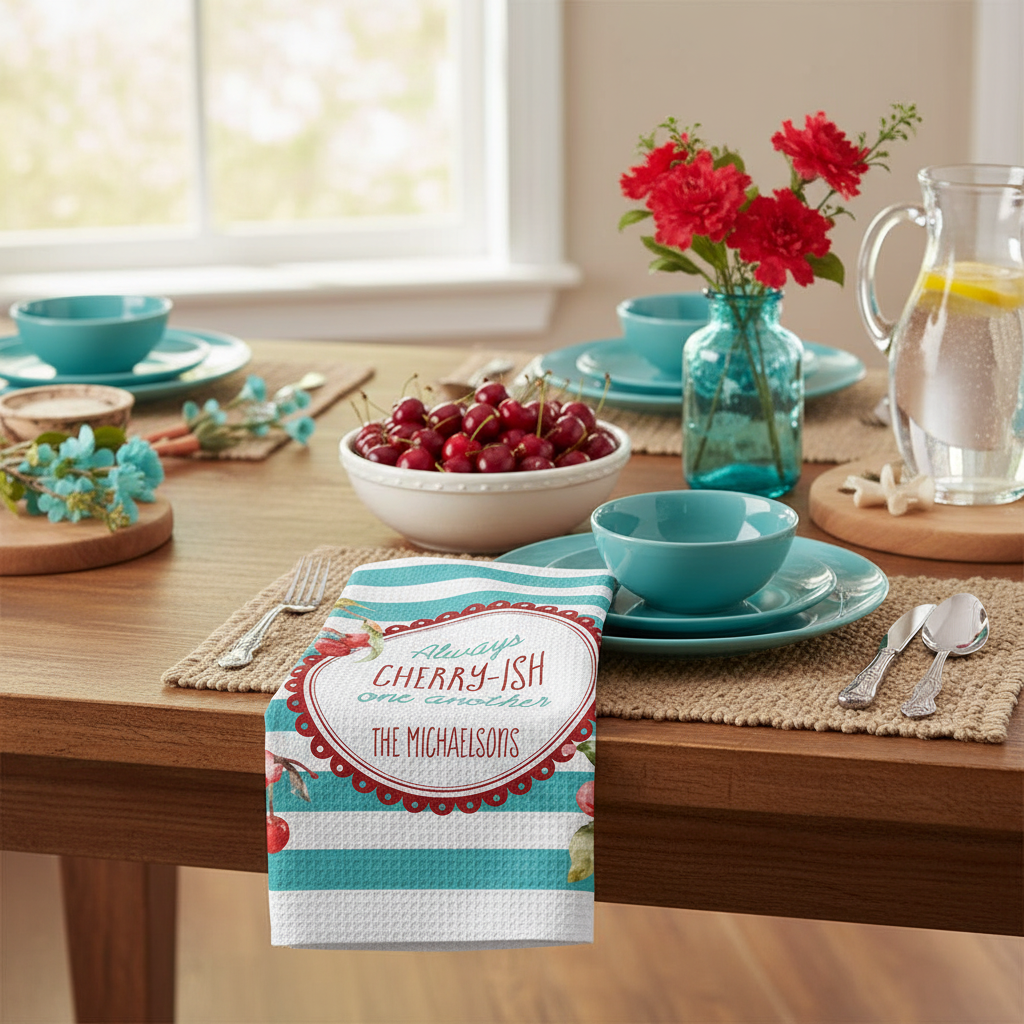 Table setting with cherry-themed decor and a personalized napkin holder.