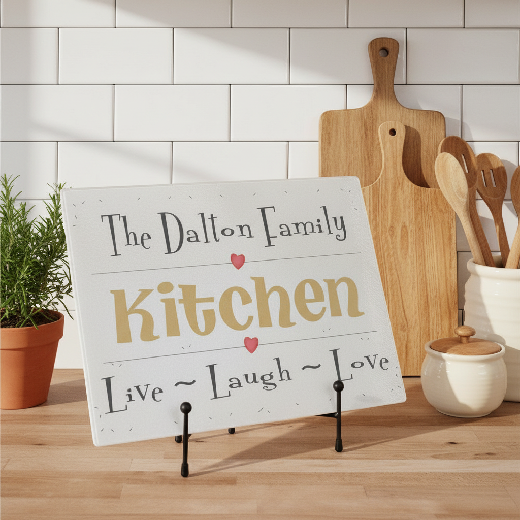 Decorative sign for 'The Dalton Family Kitchen' with a stand in a kitchen setting.