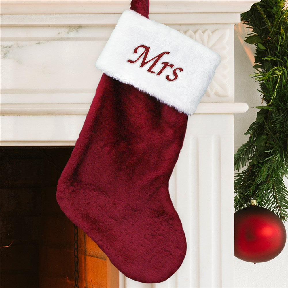 Embroidered Mrs Burgundy Plush Stocking