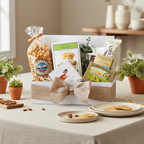 Gift box with snacks and Godiva chocolate on a table with plants and cookies.