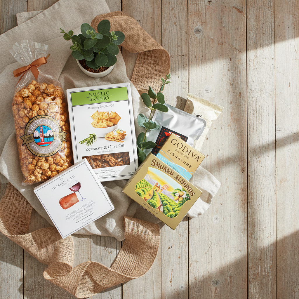 Assorted snacks and treats on a wooden surface with a plant and burlap ribbon.