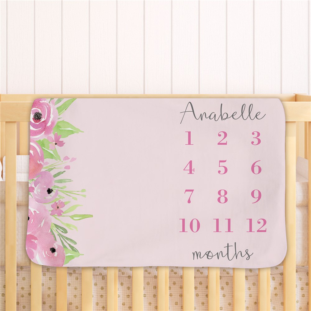 Personalized Floral Milestone Fleece Baby Blanket