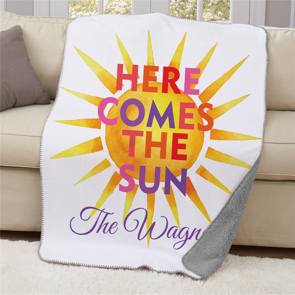 Personalized Here Comes The Sun Gray Sherpa Blanket