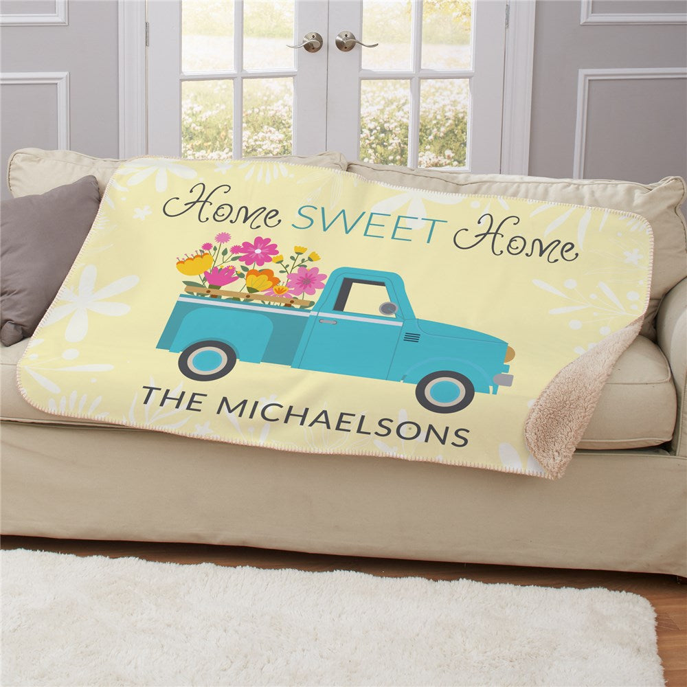 Personalized Teal Spring Truck with Flowers Sherpa Blanket