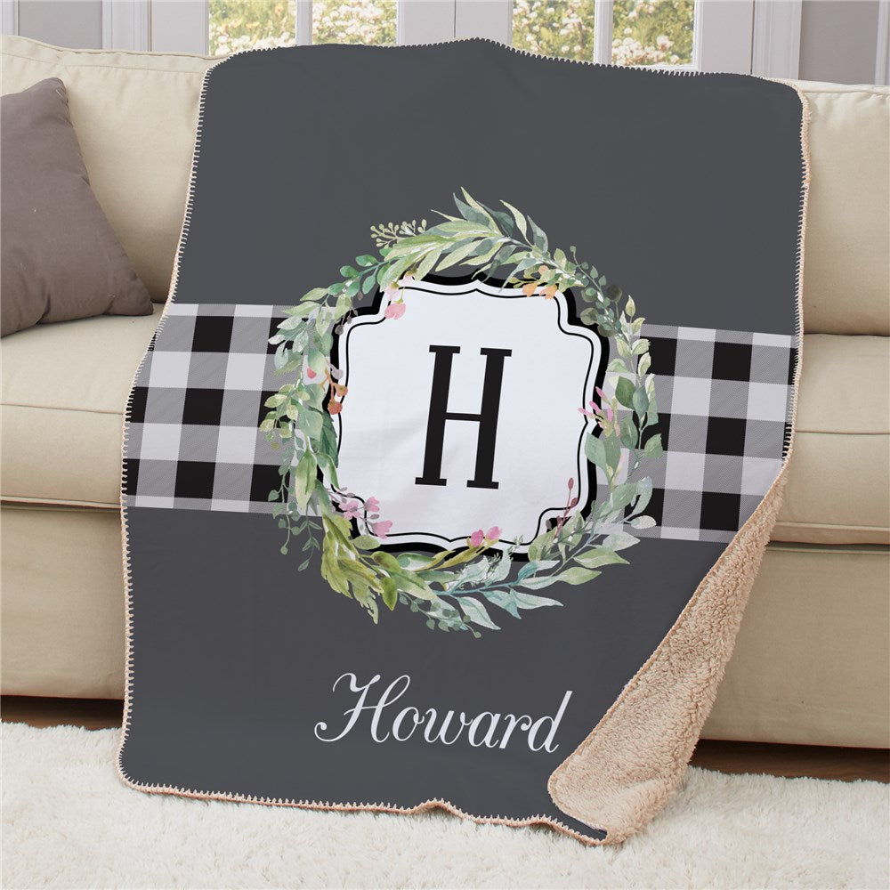 Personalized Wreath with Plaid Sherpa Blanket