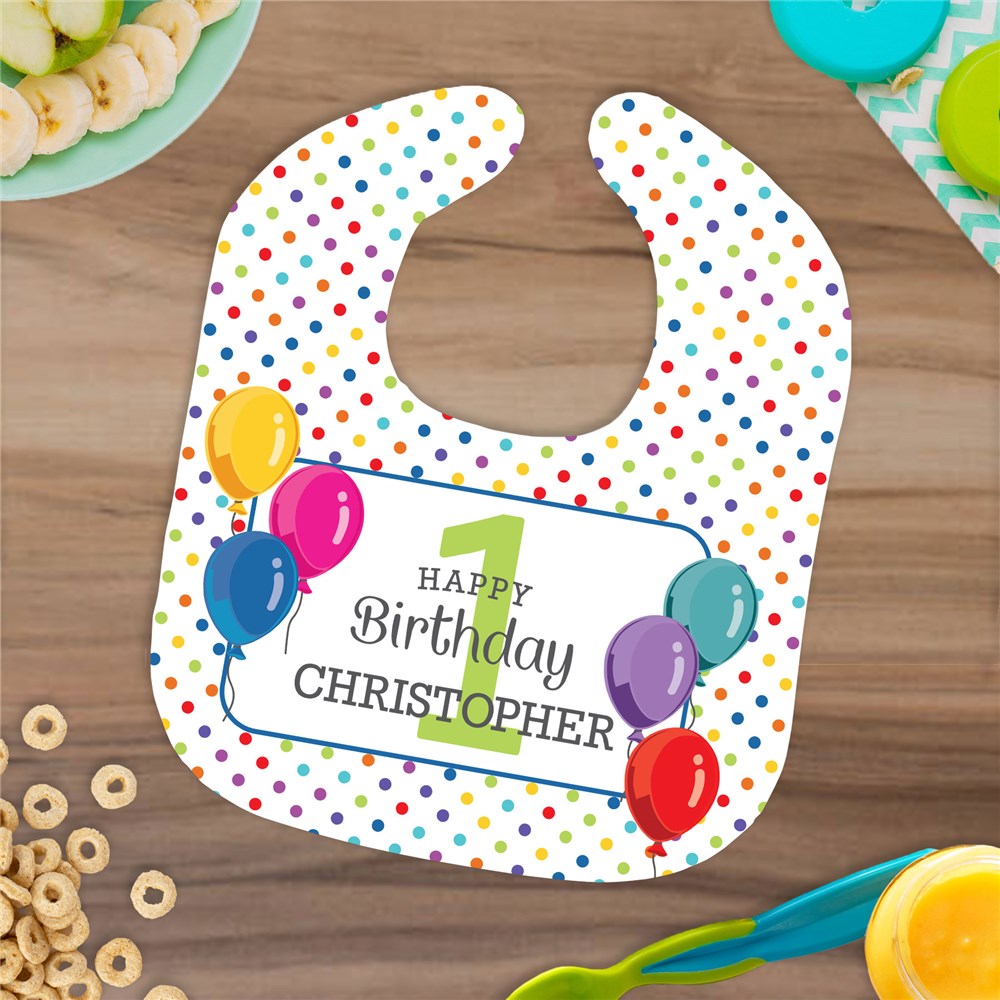 Personalized Birthday Balloons & Dots Baby Bib