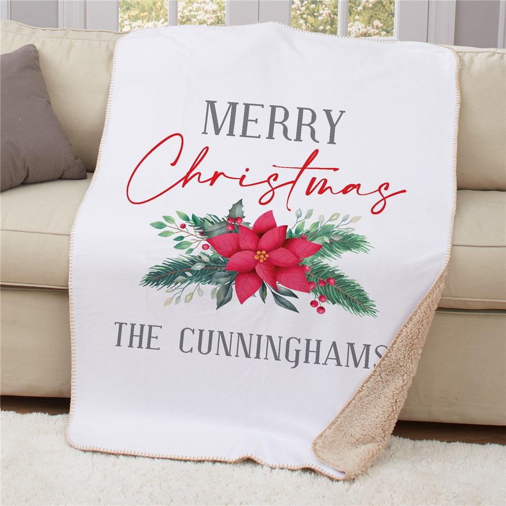 Personalized Watercolor Poinsettias 50x60 Sherpa Blanket