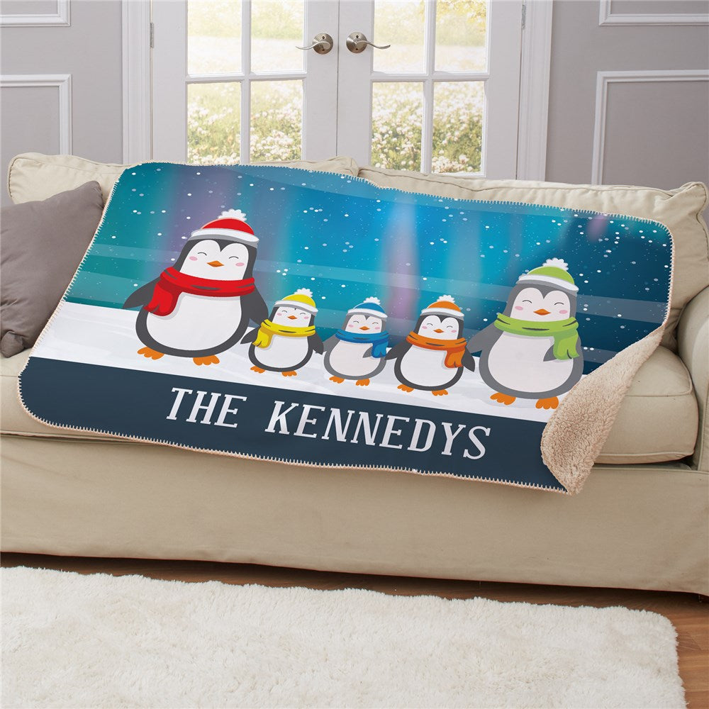 Personalized Penguin Family Sherpa Blanket