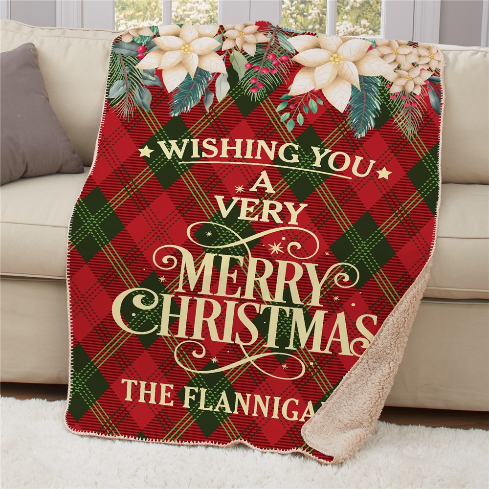 Personalized Diamond Plaid & White Poinsettias 50 x 60 Sherpa Blanket