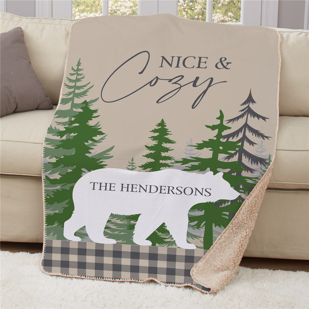 Personalized Nice and Cozy with Bear and Plaid Sherpa Blanket