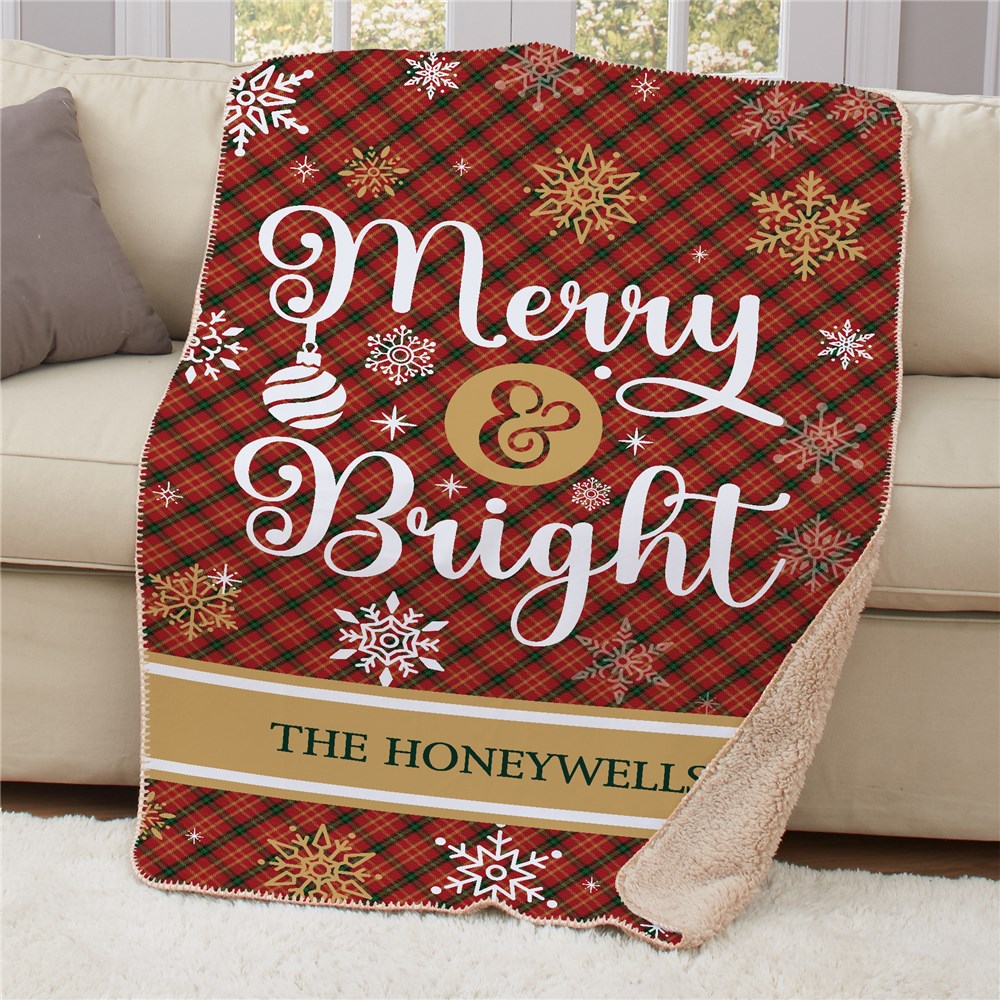 Personalized Merry & Bright Plaid 37" x 57" Sherpa Throw
