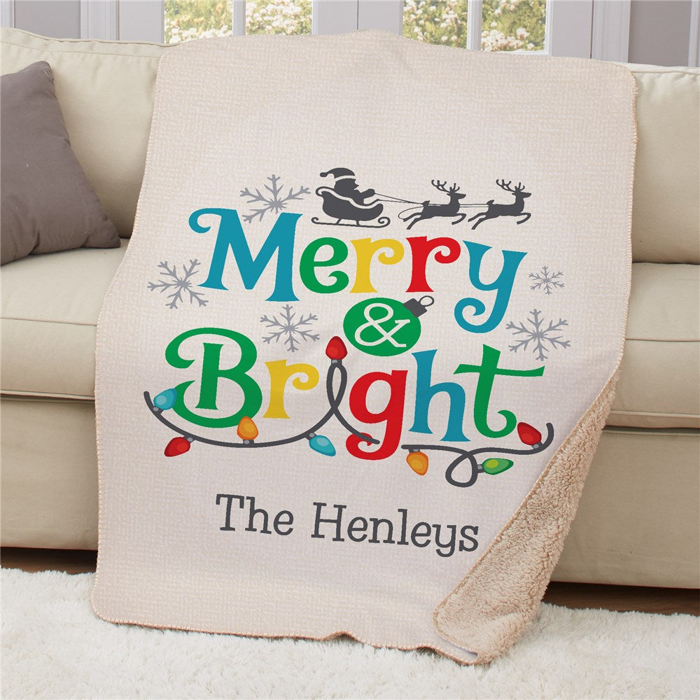 Personalized Merry & Bright With lights 37" x 57" Sherpa Throw
