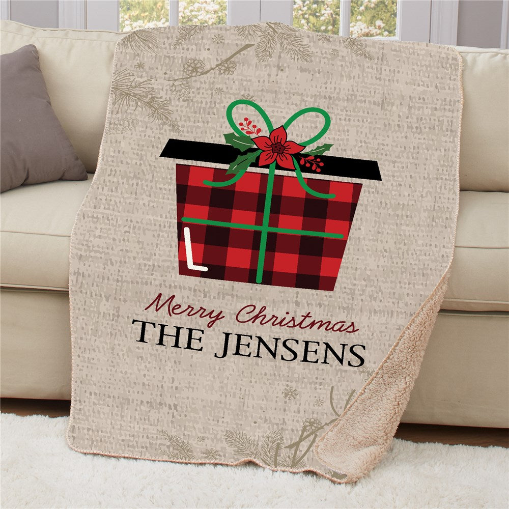 Personalized Merry Christmas Red and Black Plaid Present 37" x 57" Sherpa Throw