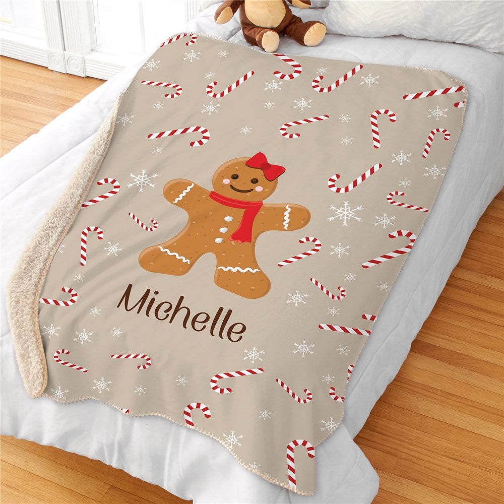 Personalized Gingerbread boy or girl with candy canes 37" x 57" Sherpa Lined Sublimated Throw