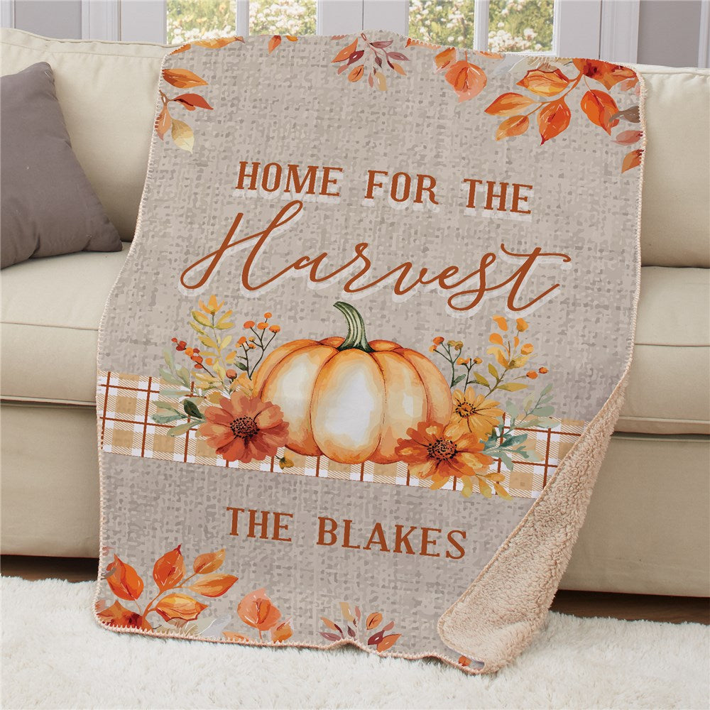 Personalized Home for the Harvest with watercolor Pumpkin and Leaves 37" x 57" Sherpa Blanket