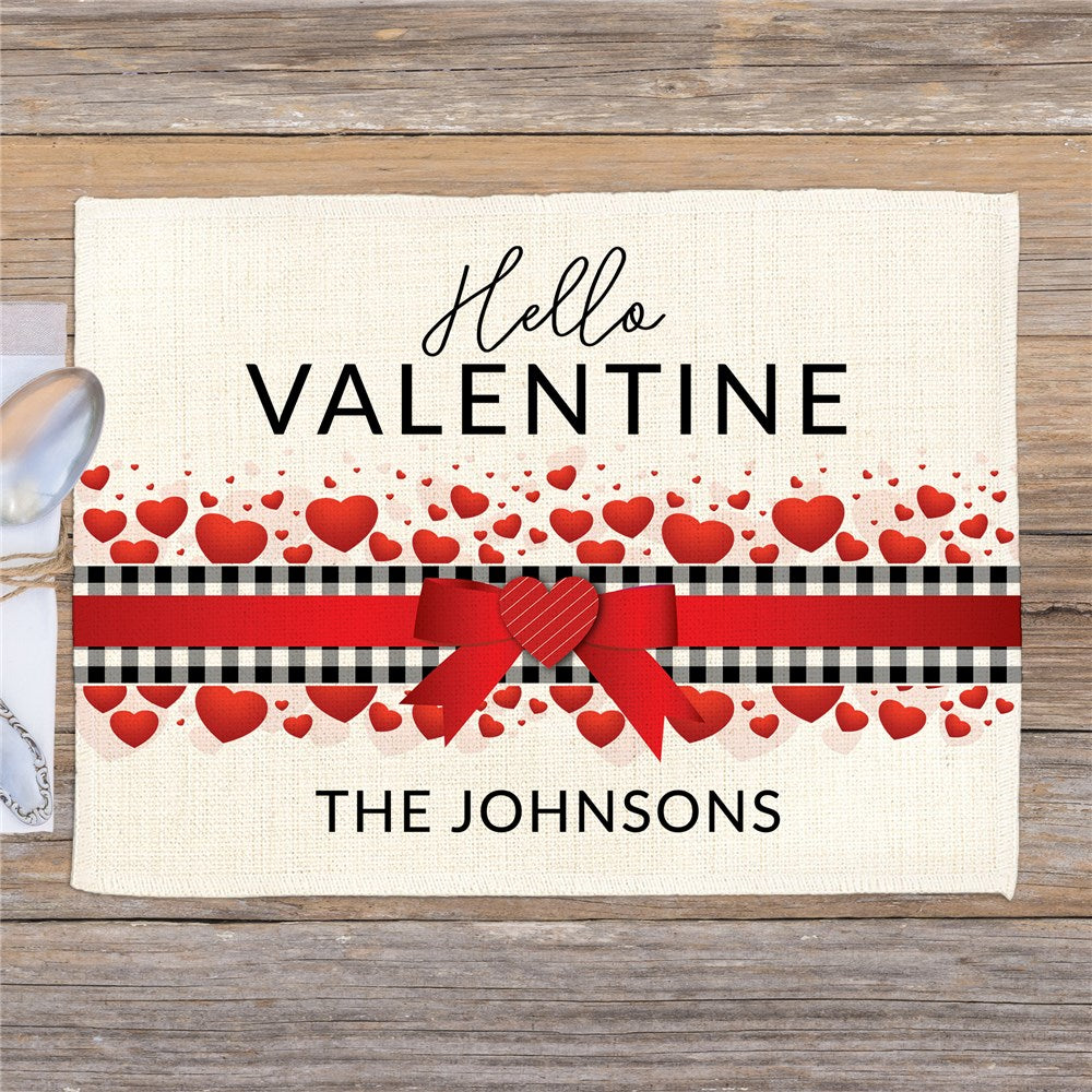 Personalized Hello Valentine with Plaid and Ribbon Placemat