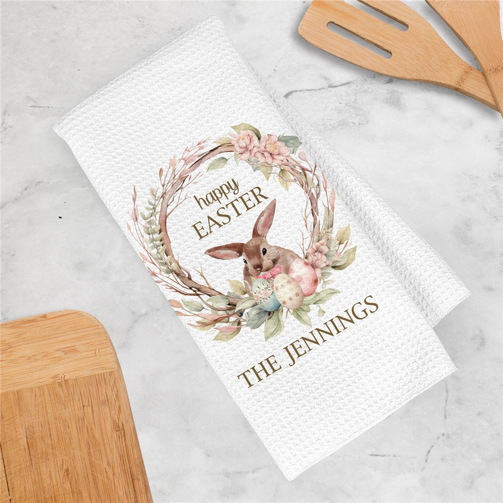 Personalized Watercolor Easter Bunny and Wreath Waffle Weave Towel