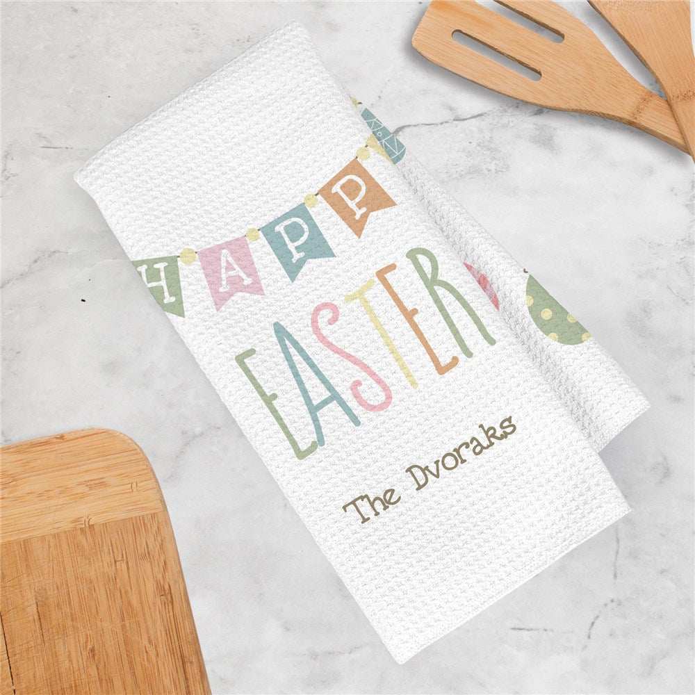 Personalized Happy easter Bunting with Hanging Eggs Waffle Weave Towel