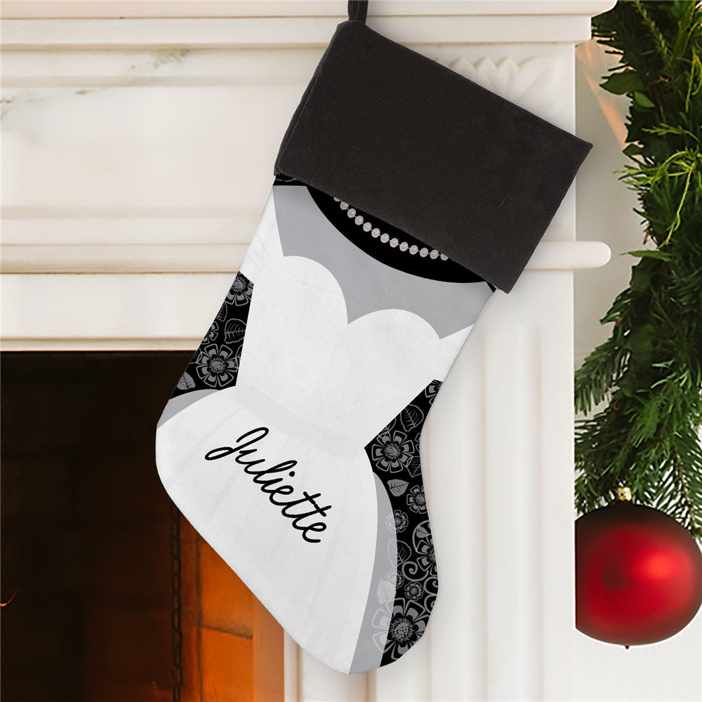 Personalized Bride with Wedding Dress and Pearls Stocking Grey Cuff