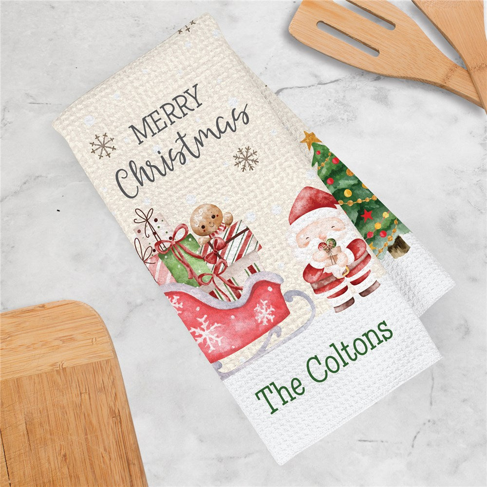 Personalized Cute Watercolor Santa and Snowmen with Family Name Waffle Weave Towel