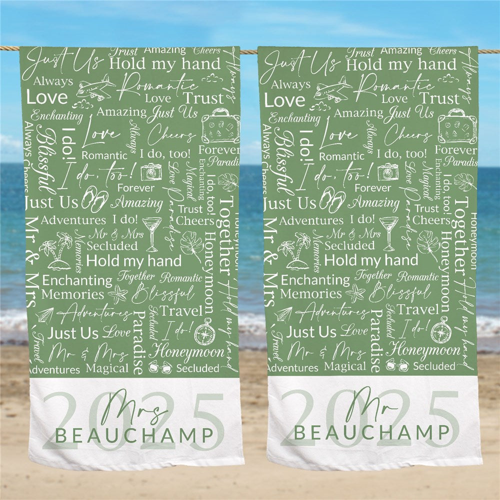 Personalized Mr Or Mrs Green Background Honeymoon static word art with Year Beach Towel