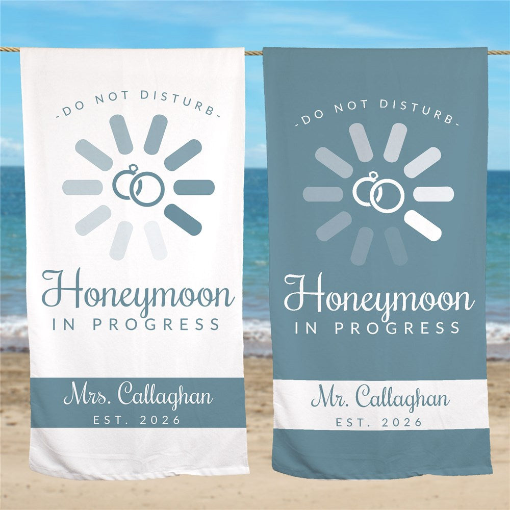 Personalized White or Light Blue Honeymoon in Progress Beach Towel
