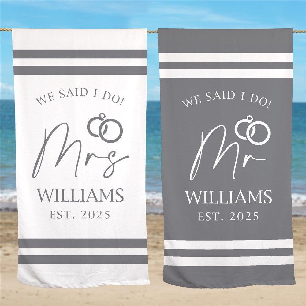 Personalized Mr or Mrs Gray Stripes Beach Towel