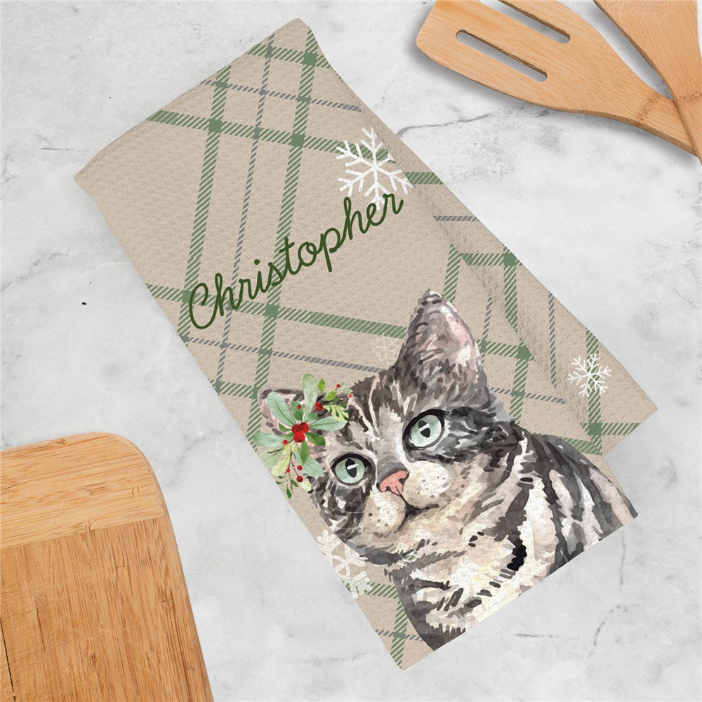 Personalized Watercolor Cats with Holly over the ear on Neutral Plaid Background Waffle Weave Towel